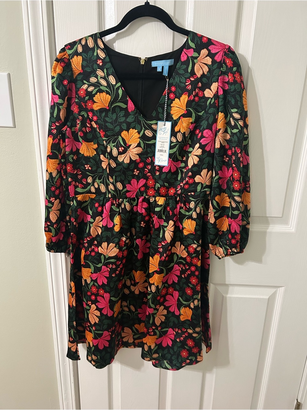 NWT Draper James Black Floral V-Neck Long Sleeve Dress with Pink & Yellow Blooms